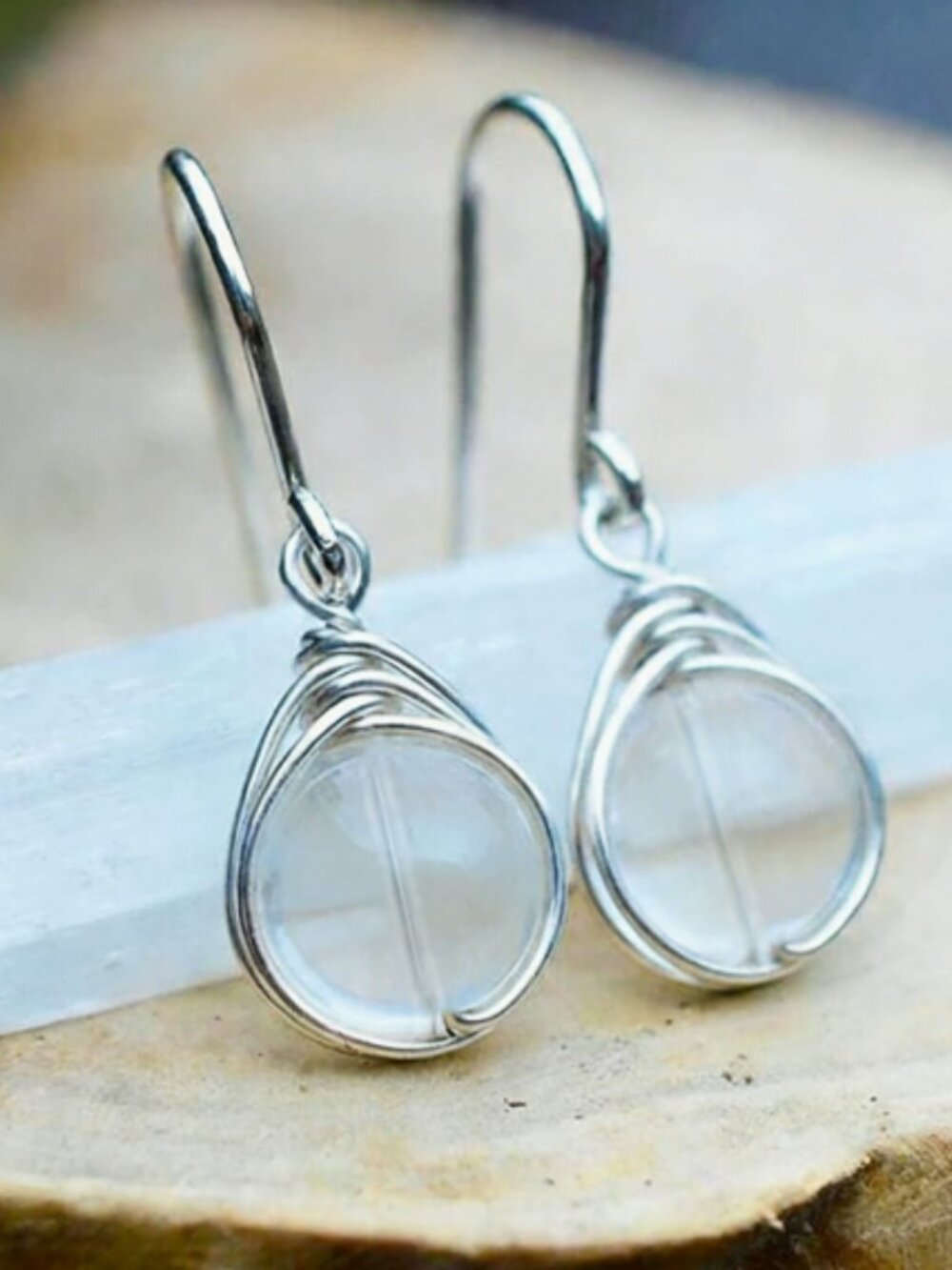 Handmade Silver Tone Wire Wrap Flash Moonstone Lightweight Dangle Earrings